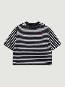 Courvante 男士休闲条纹刺绣短袖T恤，夏季 - 黑與白 - 查看 1