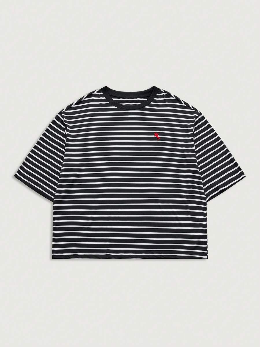 Courvante 男士休闲条纹刺绣短袖T恤，夏季 - 黑與白 - 查看 1