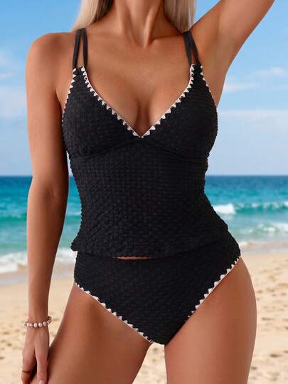 Swim Lushoire Spring/Summer Hot Selling Beach Vacation Jacquard Fabric Spaghetti Strap Sleeveless Top + Jacquard Fabric Shell Decor Triangle Bottoms 2 Pieces Bikini Set