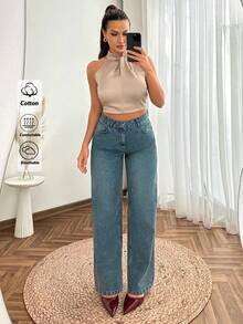 SHEIN Jeans rectos de tiro bajo lavados - Azul lavado medio - Ver 5