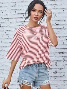 EMERY ROSE Raglan Sleeve Striped Print Tee Graphic Tees Women Tops - Red - View 1