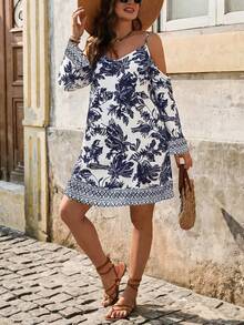 Breezaya Plus Size Women Floral Print Off Shoulder Long Sleeve Loose Maxi Dress - Multicolor - View 5