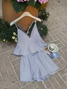 Comfortcana Bộ đồ nữ dệt màu xanh dương, kiểu dáng thường ngày. - Màu xanh hải quân - Xem 3