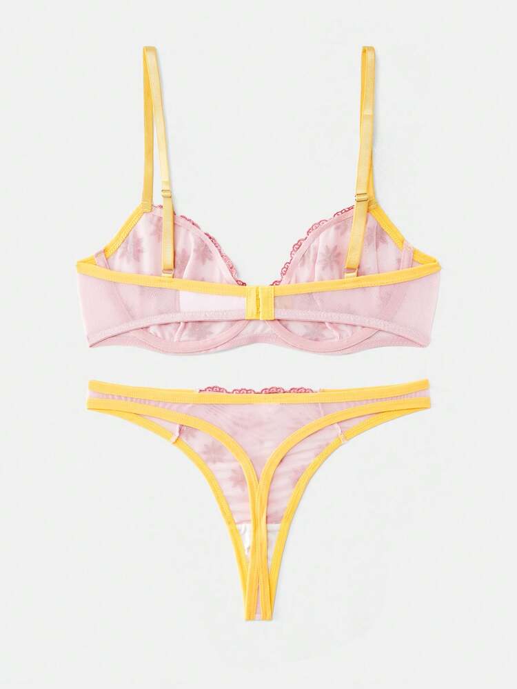 Pink Floral Embroidered Underwired Bra With Matching Thong Spring Summer Romantic Cute Boho Sexy Floral Lingerie Triangle Lingerie Lingerie For Women Set Floral Print Lingerie