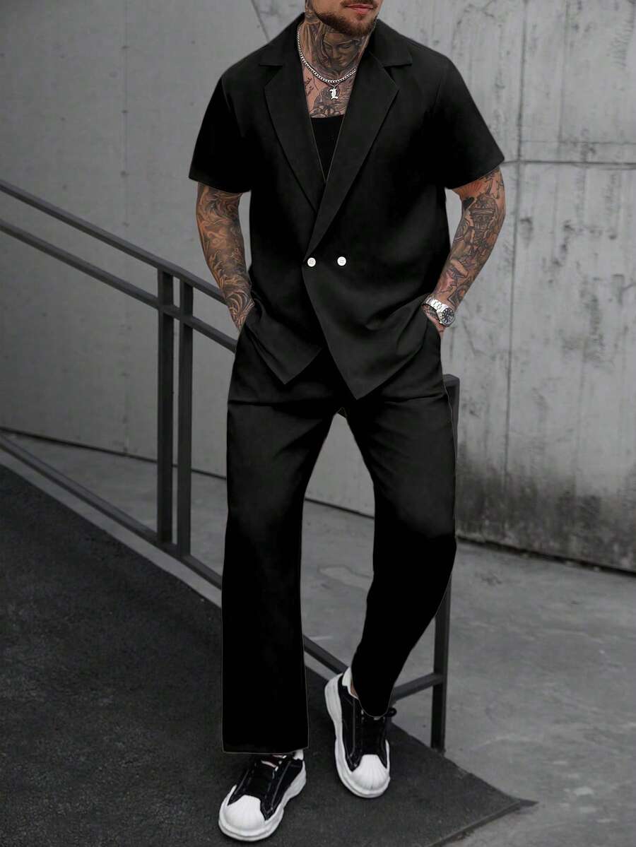 Manfinity CasualCool Men's Casual Lapel Collar Short Sleeve Shirt And Pants Set, Solid Color, Minimalist, Versatile For Daily Commute, Spring/Summer/Autumn - Black - View 1