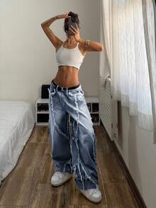 StreetHx Damen Casual Alltags Jeans mit Taschen und ausgefranstem Saum - Blau - Übersicht 4