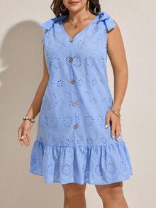 Comfylo Plus Tie Shoulder Fake Button Ruffle Hem Summer Outfits Dress - Blue - View 5