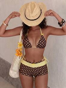 SHEIN Swim Mod Bộ bikini 3 mảnh dành cho nữ, họa tiết chấm bi, thắt nơ, cổ chữ V, hở lưng, kiểu tam giác, gồm áo và quần, thích hợp cho mùa xuân/hè. Bộ bikini nữ, đồ bơi chấm bi, trang phục đi biển cho nữ, đồ bơi chấm bi, trang phục đi biển cho phụ nữ, đồ bơi kiểu phương Tây giúp định hình vòng bụng, trang phục đi nghỉ mát cho nữ. - Màu vàng - Xem 3