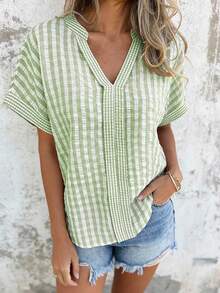 Weeklong Plus Size Women's V-Neck Plaid Patchwork Casual Shirt, Spring/Summer - Green - View 3
