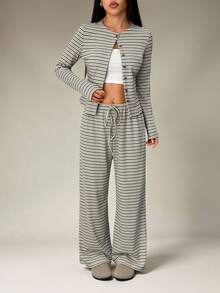SHEIN PETITE 2pcs Women Casual Striped Front Button Long Sleeve Top And Wide Leg Pants Set, Spring And Summer,Work Outfits For Women - Multicolor - View 3