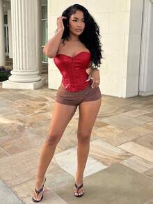 Alexandranx Red Date Night Fishbone Tight Corset Solid PU Leather Tube Top - Red - View 4