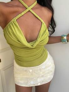 Aloruh Áo camisole ôm sát cổ xếp ly, trang trí bện dành cho nữ - màu xanh lá - Xem 4