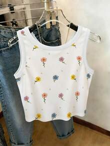 INAWLY Áo tank top nữ in họa tiết hoa tối giản, không tay, in toàn thân, thích hợp mặc hàng ngày. - trắng - Xem 2