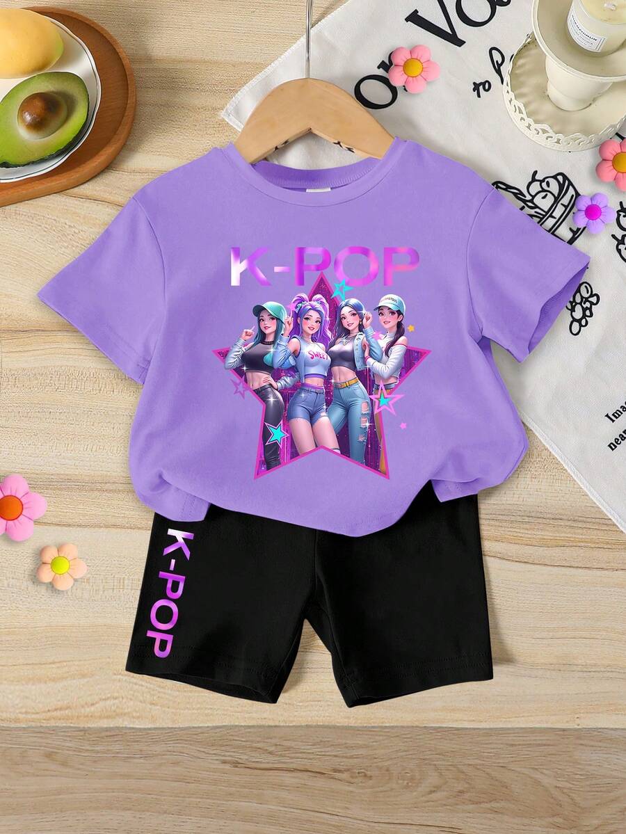 一套少女休闲可爱卡通韩流女孩印花短袖圆领T恤和短裤套装,适合夏季外出穿着 - 彩色 - 查看 1