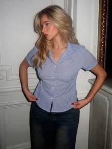 Turnttoni Blusa de manga corta de solapa estampada de estilo callejero para mujer, de verano - Azul - Ver 1