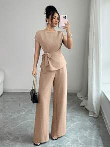 Elenzga Áo sơ mi nữ thanh lịch, màu xanh dương, xếp ly, eo điều chỉnh được, thắt nơ + Quần ống rộng, cạp cao, có túi, thanh lịch, phù hợp cho công sở - Màu Khaki - Xem 6