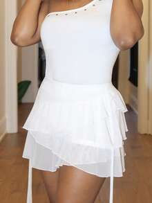 Steph T 女士多层荷叶边低腰 Y2K 迷你黑色半身裙 - 白色 - 查看 6