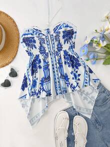 Trelyra 女士露背蝴蝶结下摆印花上衣 - 藍色 - 查看 2