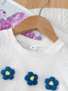 2pcs/Set Girls (Small) Pink Knit Short Sleeve Bow T-Shirt Top And Denim Flare Pants With Pockets, Casual Daily Sweet Summer Young Girl Outfit - Blue - View 6