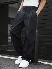 Manfinity Homme 男士工装裤，休闲宽松版型长裤，适合海滩、通勤、锻炼、户外、健身、慢跑等场合，春秋季穿着舒适。 - 黑色 - 查看 5