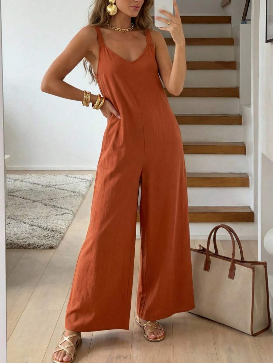 Easowa Mono de pierna ancha de verano para mujer con bolsillos, conjunto de vacaciones casual y de moda - Óxido marrón - Ver 1