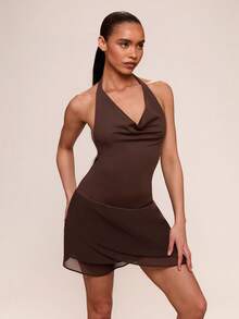 SHEIN BAE Women's Backless Racerback Sports Dress,Shades Of Brown,Summer,Sexy,Party Outfit,Tennis Workout Dress Activewear,Beach Vacation Holiday Outfits - Brown - View 3