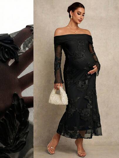 MaterniChic Pregnant Women's Off Shoulder Mesh Patchwork Jacquard Elegant Waist-Cinched Party Dress
