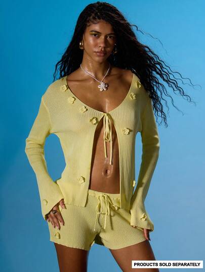 MUSERA V领露背系带花朵装饰长袖针织上衣，夏季性感外出海滩度假伊比沙岛俱乐部热带风情