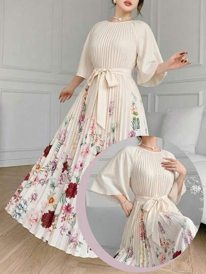 Feyla Women's Floral Pattern Pleated Design Raglan Sleeve Elegant Dress