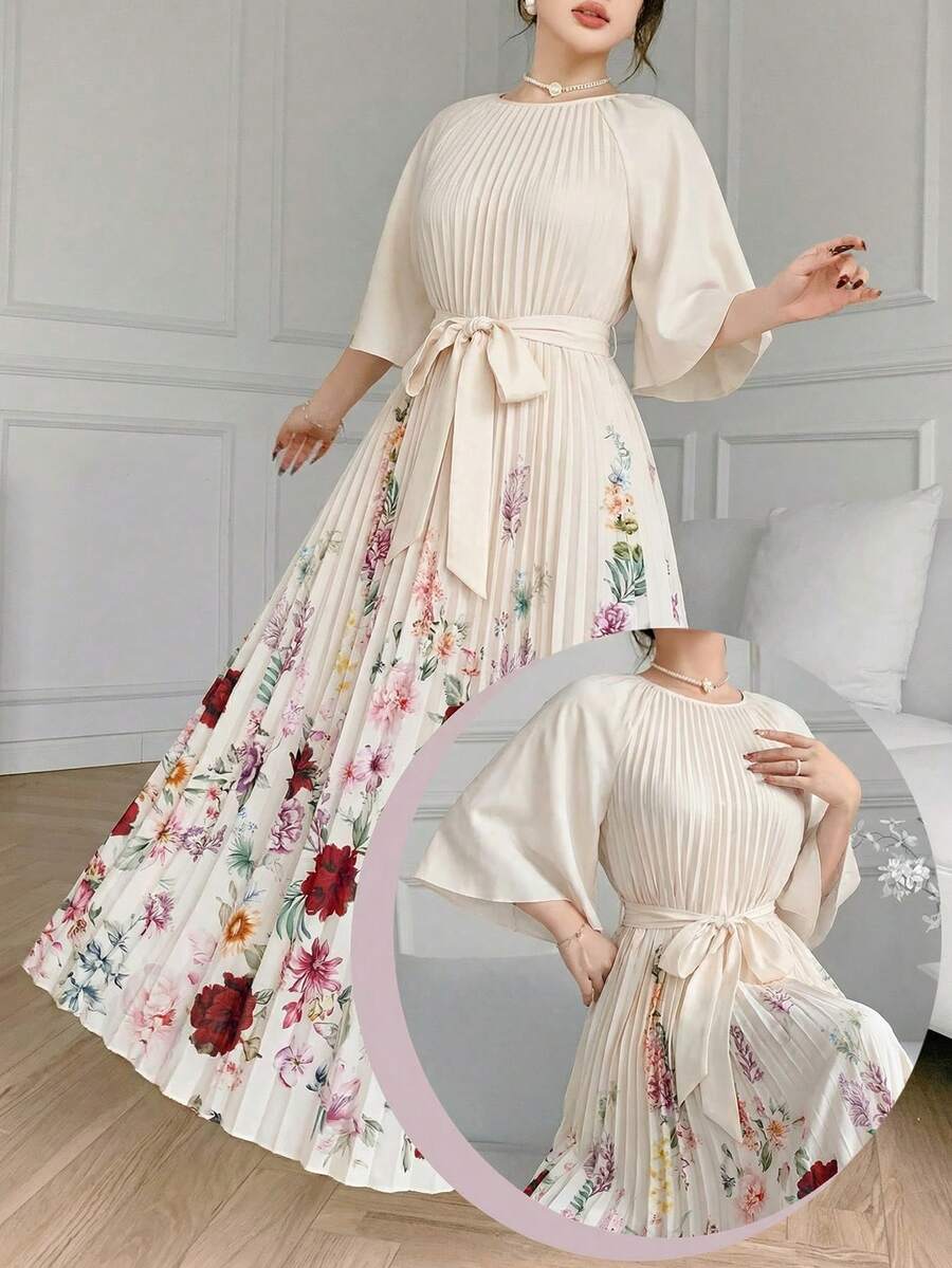 Feyla 女士花卉图案褶皱设计插肩袖优雅连衣裙 - 白色 - 查看 1