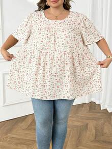 SHEIN CURVE+ 大码女式碎花圆领短袖休闲衬衫，夏季女装，度假女装，波西米亚风假日装，秋季女装，秋季服装，教师装 - 白色 - 查看 5