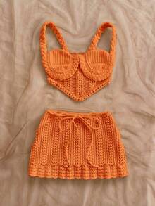 Soleia 度假性感吊带钩编露脐上衣和低腰半裙两件套，适合音乐节、波西米亚风、度假、约会、下午茶等场合。 - 橘色 - 查看 7
