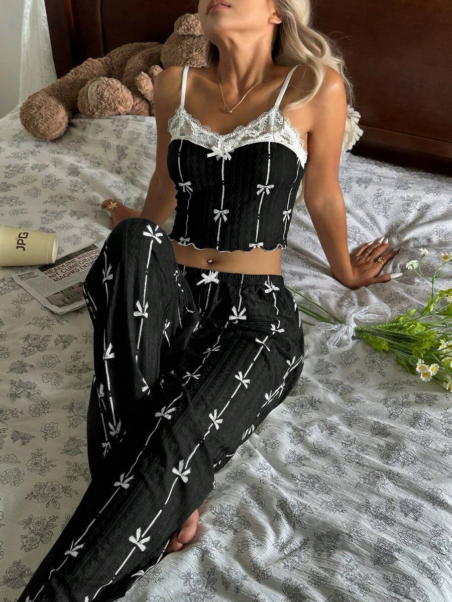CottageSlumber Cartoon Bow Print Contrast Lace Design Comfortable Camisole & Pants Women Pajama Set - Black - View 1