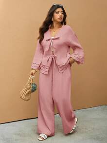 Elaquor 大码休闲简约度假纯色刺绣拼接两件套，女式衬衫+女式长裤，适合浪漫度假、休闲居家、日常穿着，春季新品 - 藕粉色 - 查看 8