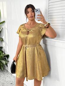 SHEIN Frenchy Plus Size Women Casual Round Neck Short Sleeve Dress - Gold - View 4