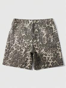 ROMWE MEN Street Life Men's Leopard Print Casual Straight Leg Denim Shorts With Belt Loops, Summer - Multicolor - View 2
