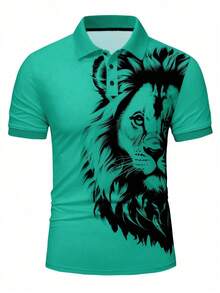 Manfinity Roughcore Men's Casual Lion Print Short Sleeve Polo Shirt, Summer - Mint Green - View 3