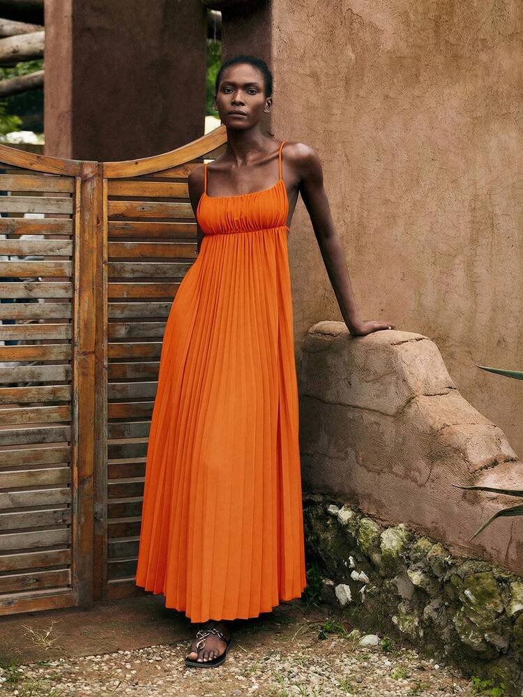 SHEIN Maija Women's Vibrant Orange Summer Vacation Dress, Modern Bohemian Solid Color Beach Outfit, Minimalist Sleeveless Pleated Tropical Holiday Dress, Elegant Women's Vacation Dress  St Patrick's Day Women Easter Summer Outfits Easter Dress Women Party Top Beach Dress Summer Holiday Outfits Each Vacation Outfits For Women  Summer Outfit For Women Going Out Outfits Graduation Graduation Outfit  Casual Dresses  Casual Blouses For Women