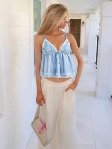 Sydney Algeri 女式编织复古印花吊带背心，春夏季，情人节，度假女士，海滩女士，节日，浪漫优雅的服装，波西米亚风，波西米亚风，甜美，狂欢节，热带度假女士服装，节日 - 藍色 - 查看 5