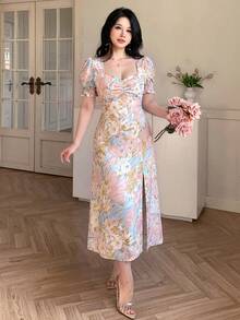 Celisse 女士扎染印花褶皱胸部开衩下摆中长连衣裙，度假款 - 粉色 - 查看 1