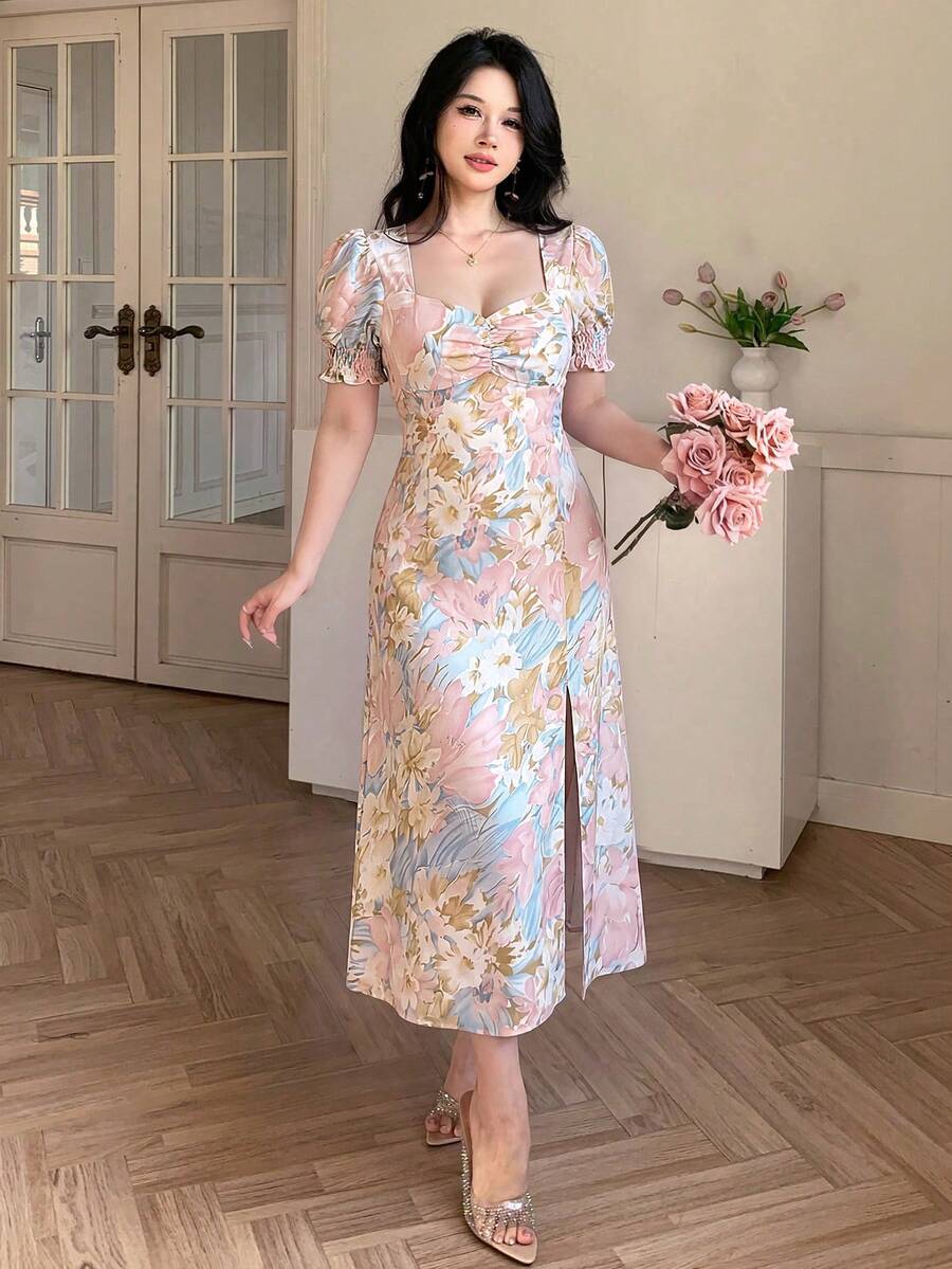 Celisse 女士扎染印花褶皱胸部开衩下摆中长连衣裙，度假款 - 粉色 - 查看 1