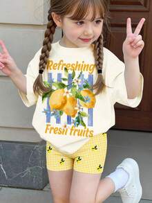 SHEIN Sweet Retro Cream Lemon Tree Print Pattern, Fresh Yellow Plaid Print Pattern, Resort Countryside Style, Baby Girl Casual Loose Round Neck Short Sleeve T-Shirt And Skinny Bike Shorts Set, Suitable For Spring/Summer, Cute Summer Outfits For Summer Kids Items, Summer Outing Items, Korean Style, Easy Comfort, Stylish Kids, Y2K, Kawaii, Party, Everyday, Vacation, Cute, Comfy, Summer 2026, Cottagecore, Weekend Casual, Family Outing, Photoshoot Outfits, Chill Chill, Baby & Kids Graphic Tops - Multicolor - View 3