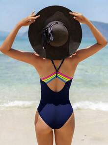 Swim SPRTY Women's Colorblock Backless One-Piece Swimsuit,Navy Blue,Summer,Cute,Beach Party,Pride Month,Push Up Bathing Suits Suitable For Beach & Holiday - Navy Blue - View 2