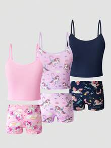 SHEIN 3件套女童可爱兔子爱心印花柔软吊带背心和三角裤内裤套装，粉色 - 彩色 - 查看 2