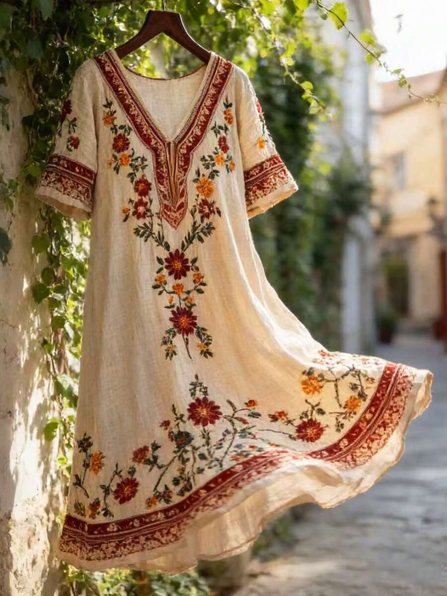 Women's Floral Print V-Neck Short Sleeve Vacation Dress - Multicolor - View 1