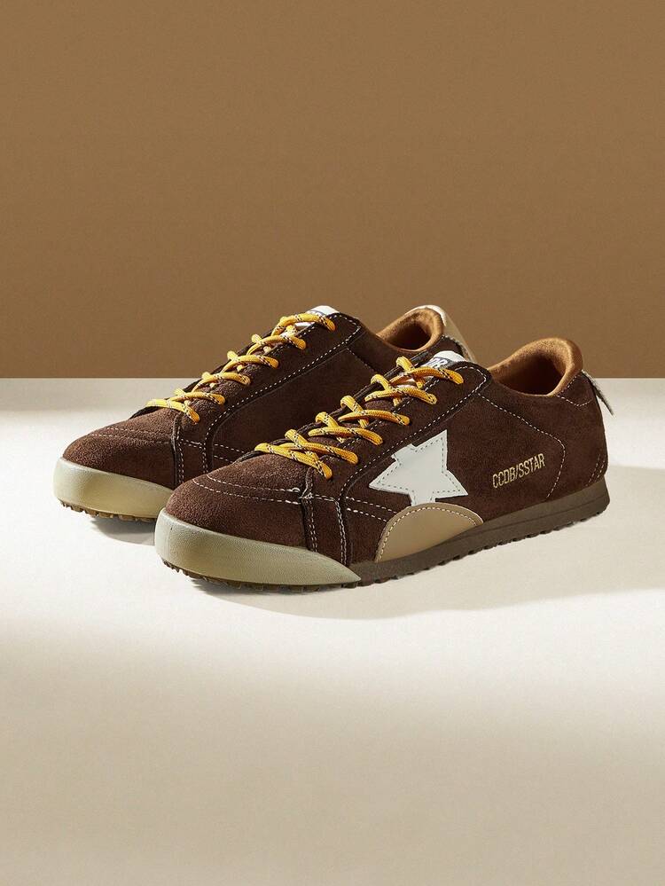 CUCCOO EASI Women's Shoes Color Matching Design Lace-Up Round Toe Flat Bottom Casual Sports Shoes Casual Style Imitation Suede PU Leather Dark Brown Casual Sports Shoes Daily Outdoor Sports And Leisure