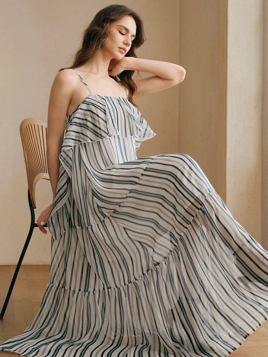 Anewsta 女士宽松条纹吊带拼接荷叶边连衣裙，度假海滩风，春夏款 - 藍白色 - 查看 1