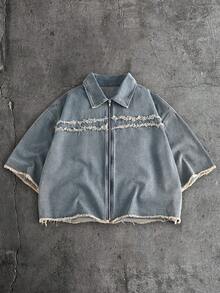 AXEPEAK Chaqueta de moda con decoración de aplicaciones lavada para hombres de talla grande - Azul - Ver 1