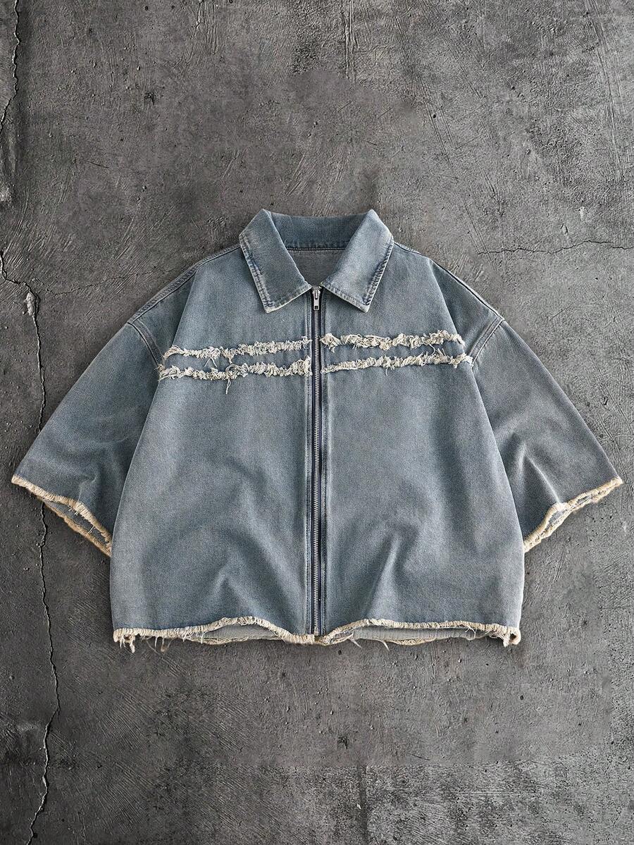 AXEPEAK Chaqueta de moda con decoración de aplicaciones lavada para hombres de talla grande - Azul - Ver 1