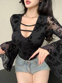 DAZY Women's Floral Flocked Mesh Flare Sleeve Bodysuit - Black - View 1